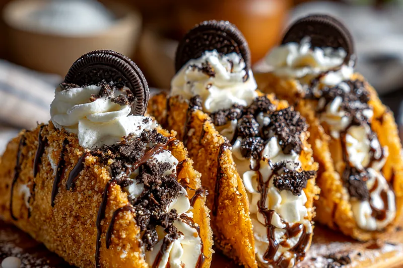 An action shot of Chef Mitchell assembling Decadent Oreo Cheesecake Tacos, filling taco shells with creamy cheesecake filling.