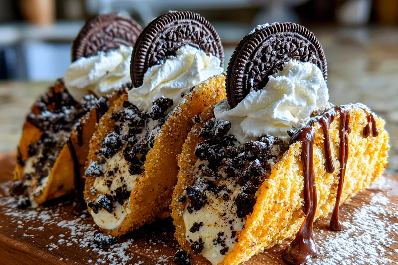 A vibrant display of ingredients for Decadent Oreo Cheesecake Tacos, including Oreos, cream cheese, and fresh berries.