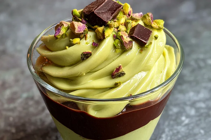 Step-by-step process of preparing Decadent Pistachio Chocolate Delight, showing ingredients being mixed and garnished.