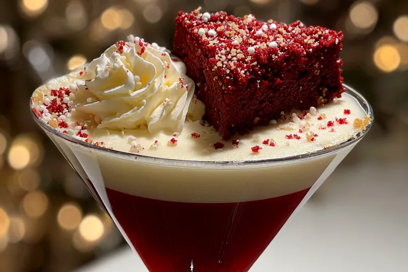 A beautifully arranged display of ingredients for making Decadent Red Velvet Martini, including vodka, liqueurs, and red velvet cake mix.