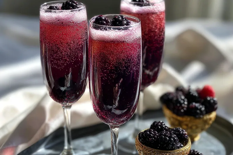 A selection of ingredients displayed for making Delicious Blackberry Fizz Cocktail including fresh blackberries and lemon.