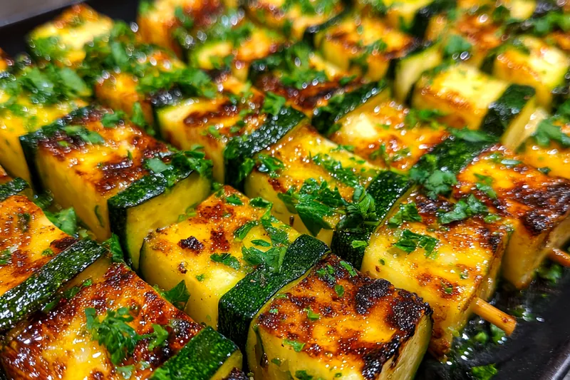 Chef grilling the Garlic Butter Zucchini Skewers on a barbecue.