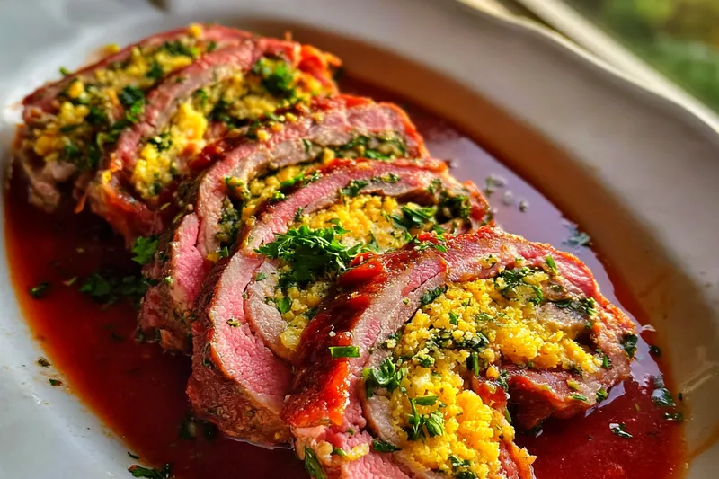 A step-by-step visual guide on preparing Delicious Italian Braciole Recipe, including searing and simmering.