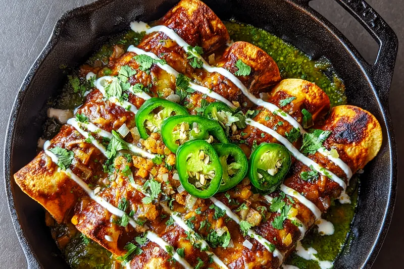 A baking dish filled with Delicious Plant-Based Enchiladas, ready to go into the oven.