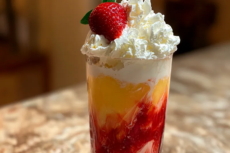 The process of mixing ingredients for Delicious Strawberry Soda Treat.