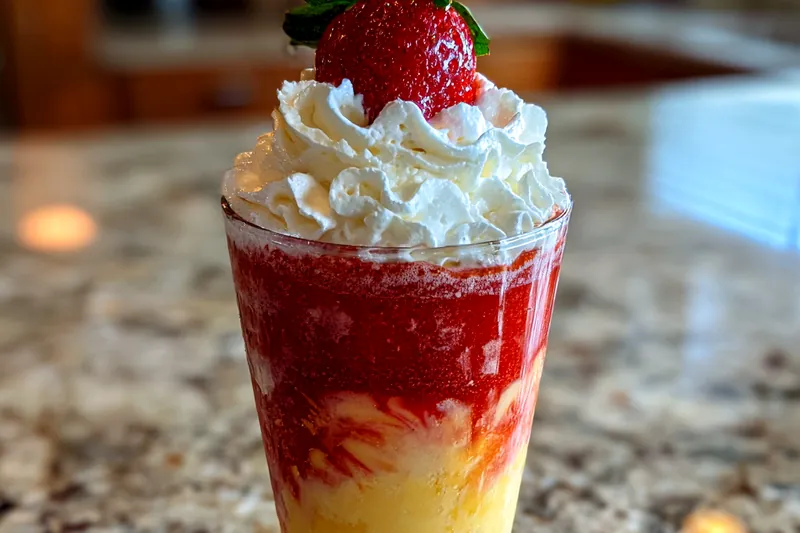 Fresh strawberries, syrup, and sparkling water set up for making Delicious Strawberry Soda Treat.