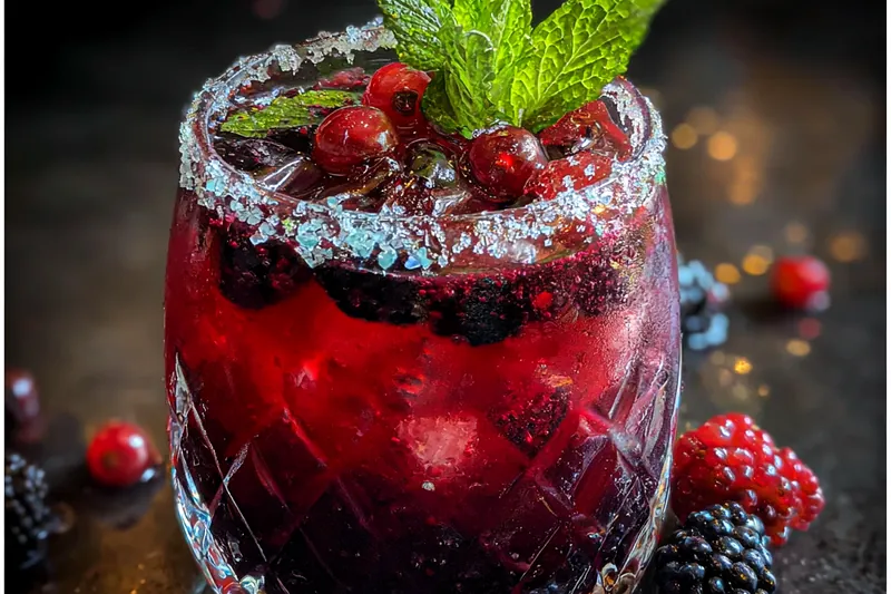 Chef pouring Festive Berry Christmas Punch into a glass with ice and berries.