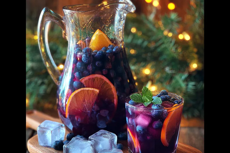 A colorful display of ingredients for Festive Blueberry Sangria including fresh blueberries, citrus fruits, and wine.