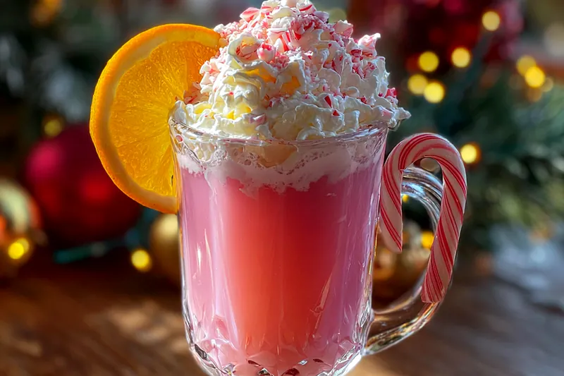 Mixing the ingredients for Festive Candy Cane Punch in a festive pitcher.