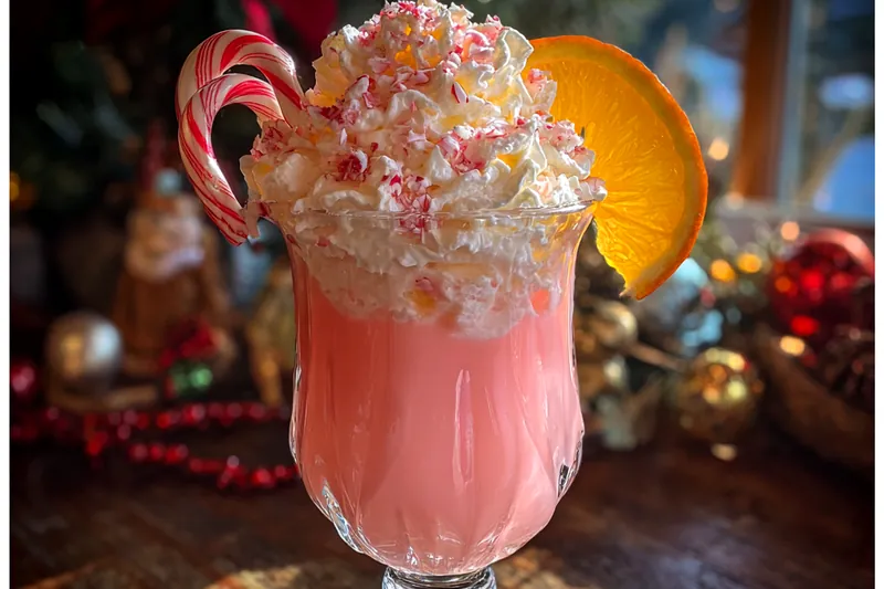 Ingredients laid out for making Festive Candy Cane Punch, including juice, soda, and candy canes.