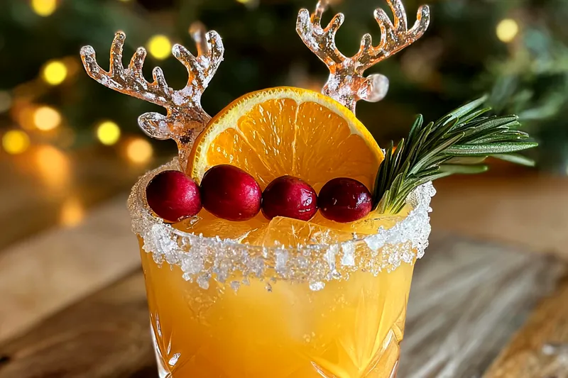 An array of fresh ingredients for the Festive Holiday Cocktail including cranberries, oranges, and herbs.