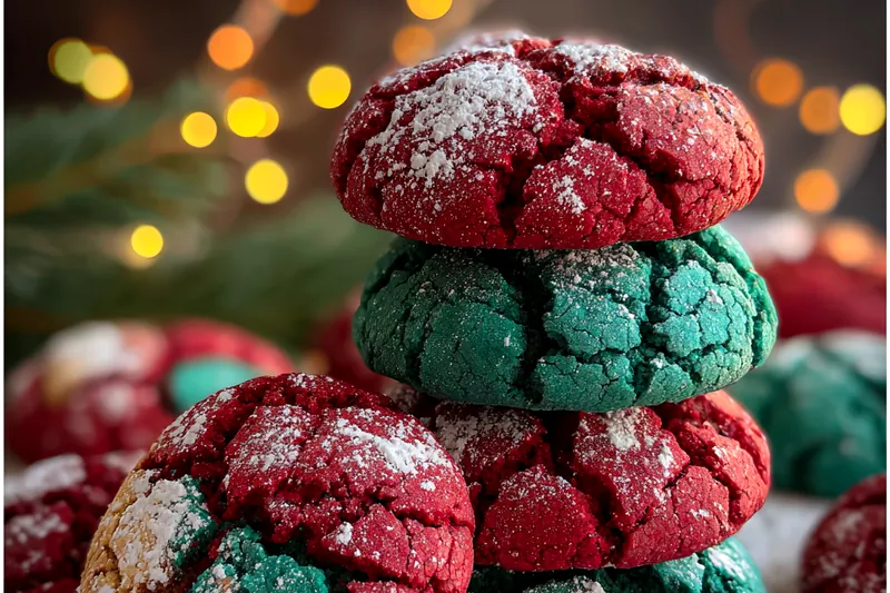 Selection of ingredients for Festive Holiday Crinkle Cookies, including cocoa powder, sugar, and flour.