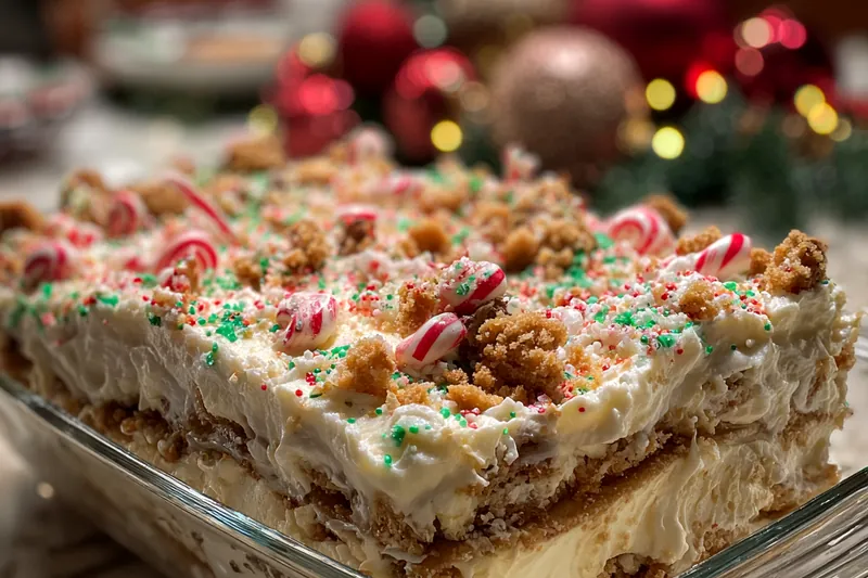 A step-by-step visual guide to preparing each layer of Festive No-Bake Cookie Lasagna.