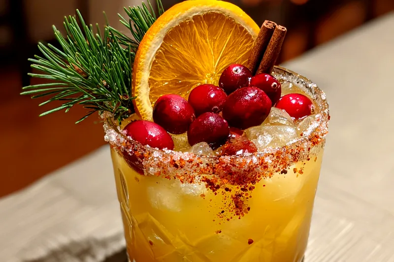 Chef shaking the Festive Spiced Margarita in a cocktail shaker, capturing the drink's vibrant colors.