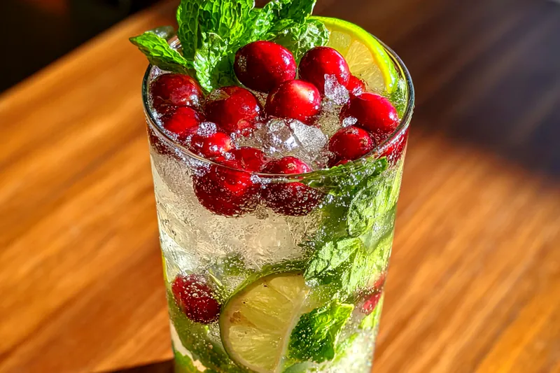 An array of ingredients for making Festive White Christmas Mojitos displayed beautifully.