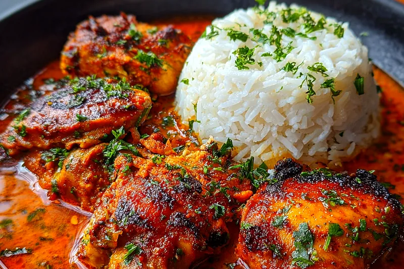 Chef Mitchell skillfully cooking Flavorful Nigerian Chicken Delight in a skillet, showcasing the vibrant colors of the dish.