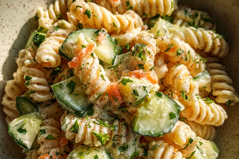 Fresh ingredients for Fresh Tzatziki Pasta Salad