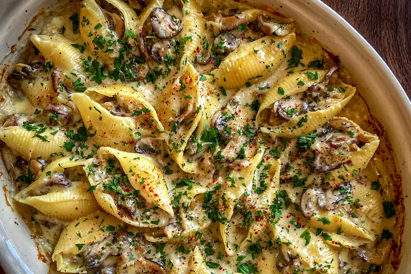 A chef stirring Garlic Mushroom Pasta in a skillet, showcasing the creamy texture and rich color.