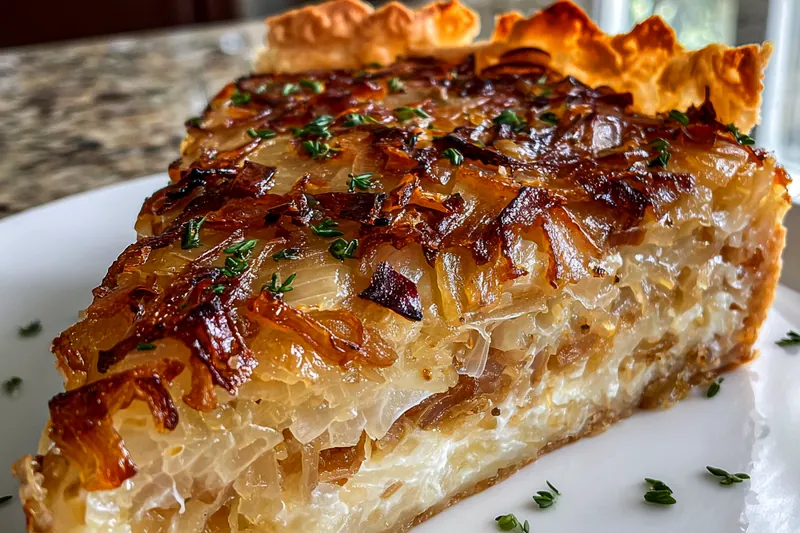 A step-by-step cooking process showing sautéing onions for Savory German Onion Pie in a skillet.