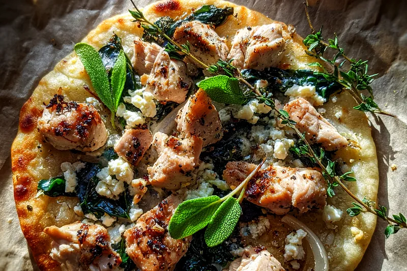 Cooking process for Greek Chicken Flatbread