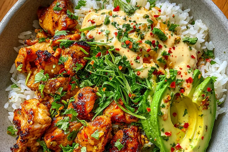 Fresh ingredients for Grilled Chicken Avocado Bowl