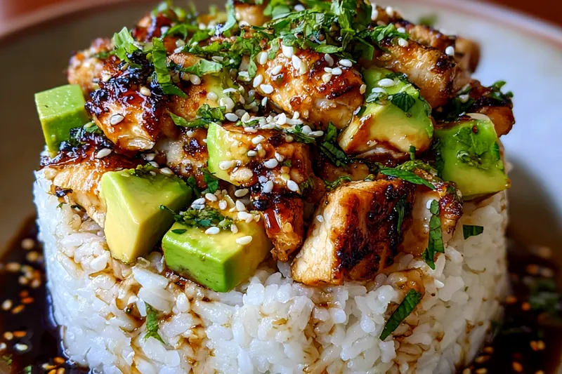 Cooking process for Grilled Chicken Avocado Rice Stack