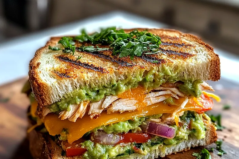 The cooking process showcasing grilled chicken on the grill, with vegetables prepared for the sandwich.