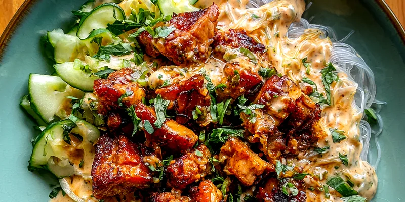 Grilled Chicken Peanut Noodle Bowl with Fresh Herbs