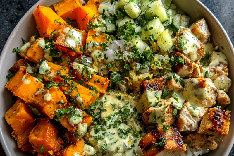 Cooking process for Grilled Chicken Sweet Potato Bowl