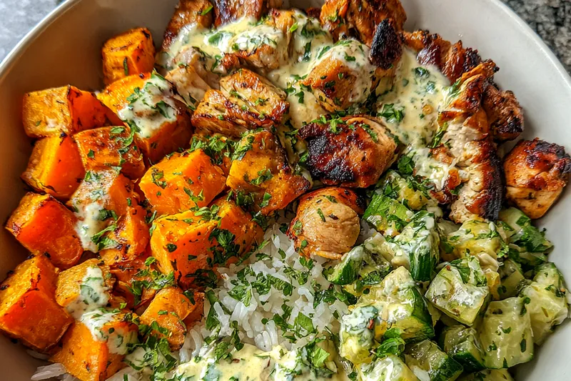 Fresh ingredients for Grilled Chicken Sweet Potato Bowl