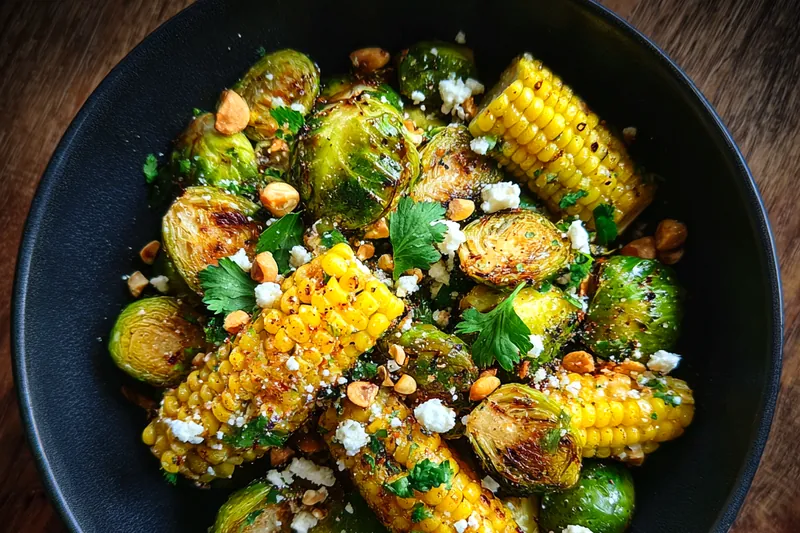 Fresh ingredients for Grilled Corn Brussels Medley
