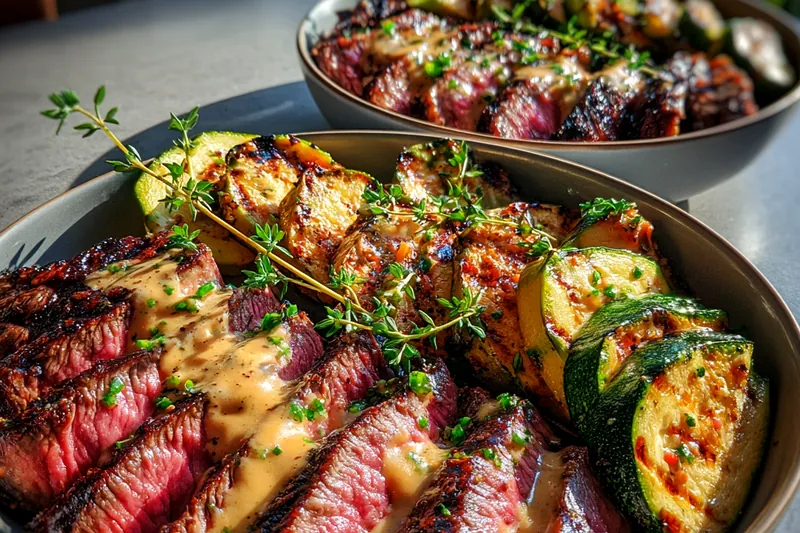 Fresh ingredients for Grilled Steak and Zucchini Bowl