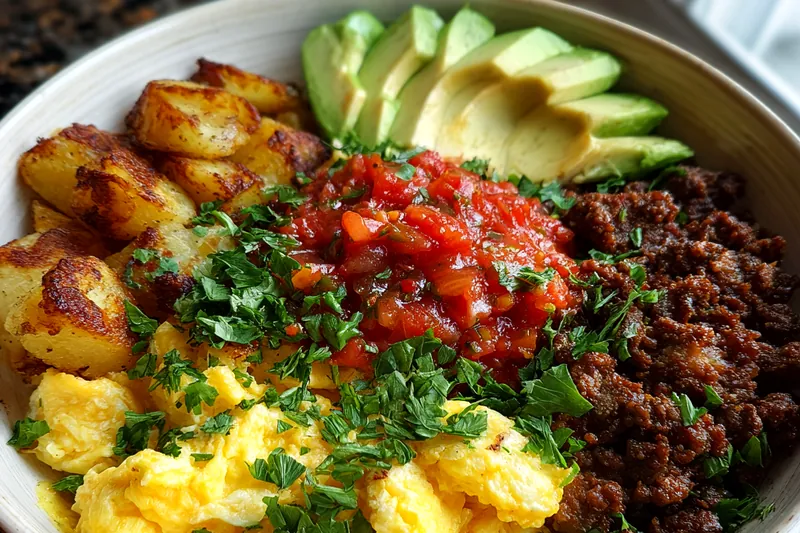 Fresh ingredients arranged for Hearty Hash Brown Breakfast Bowl, including hash browns, eggs, bacon, and cheese.