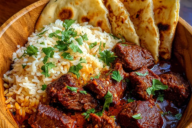 Close-up of Hearty Indian Style Braised Beef Curry simmering in a Dutch oven