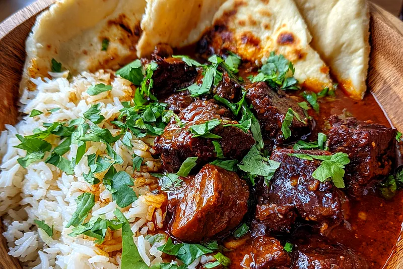 Fresh ingredients for Hearty Indian Style Braised Beef Curry laid out on a cutting board
