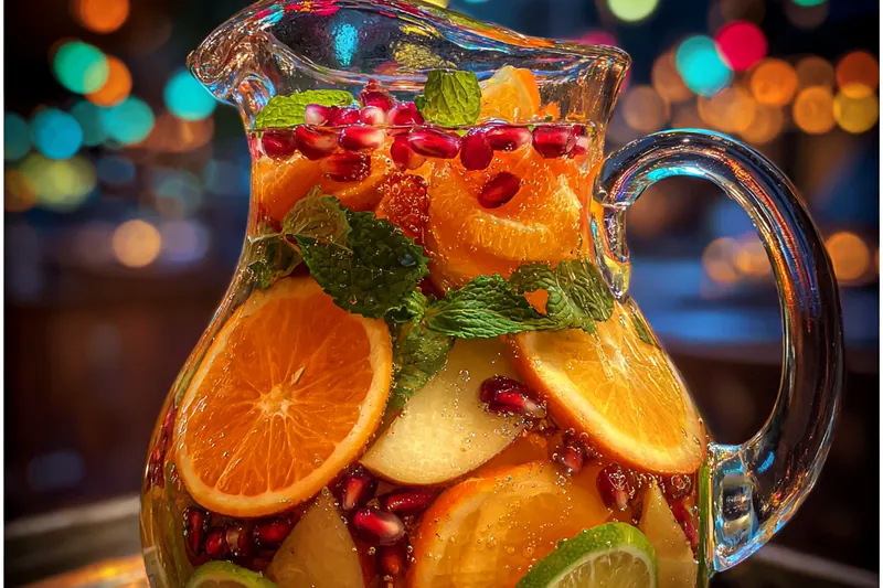 Beautifully arranged ingredients for Holiday Non-Alcoholic Sangria including fresh fruits and juices.