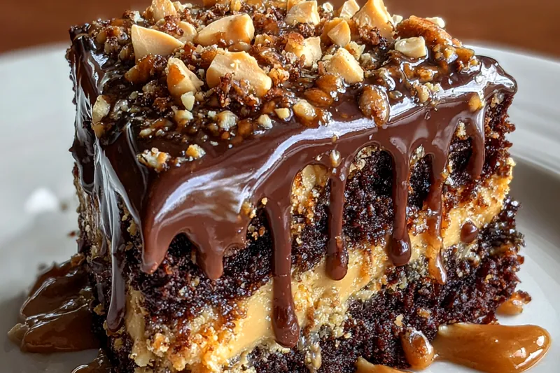 The cooking process shows the mixing of creamy peanut butter and chocolate layers being prepared for Indulgent Chocolate Peanut Butter Delight.