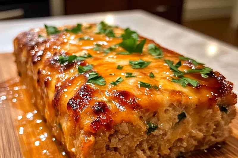 Chef basting Savory Garlic Parmesan Meatloaf in the oven, showcasing the cooking process.