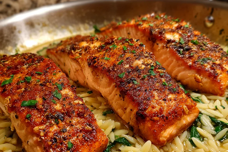 Chef Mitchell stirring orzo and herbs in a bowl, preparing the Lemon Herb Salmon and Orzo.
