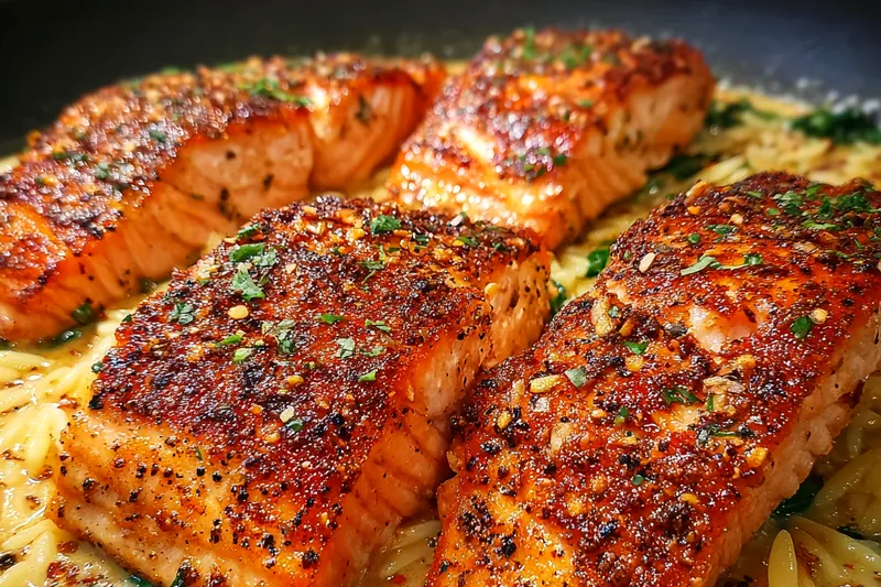 An array of fresh ingredients including salmon, lemon, orzo, and herbs for Lemon Herb Salmon and Orzo.