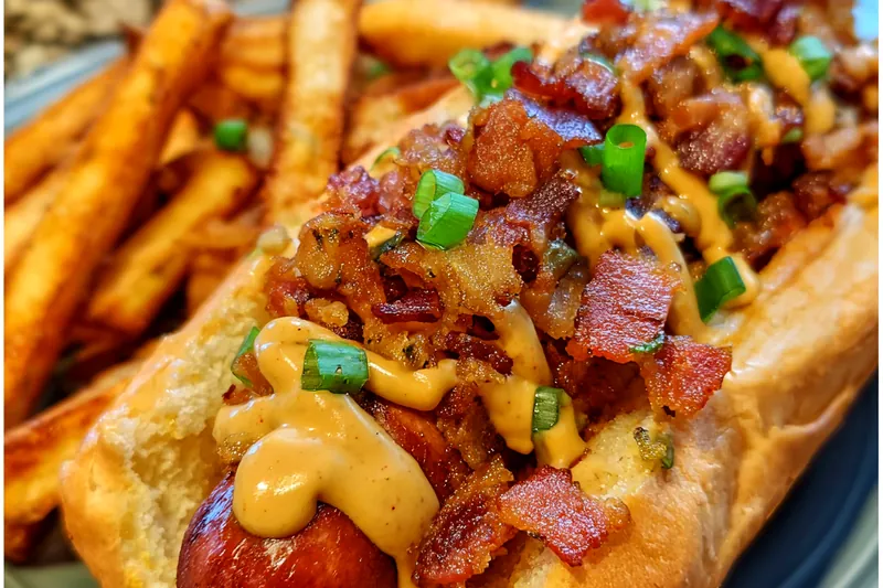 A sizzling hot skillet with bacon being cooked to crispy perfection for the Savory Bacon-Loaded Hot Dog.