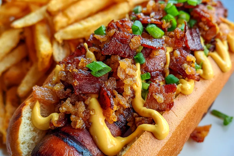 An arrangement of fresh ingredients for Savory Bacon-Loaded Hot Dog including bacon, hot dogs, and toppings.