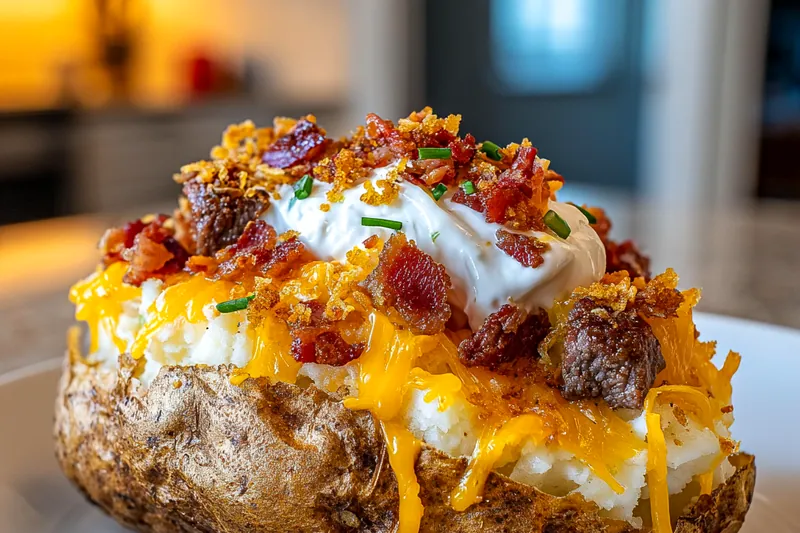 An arranged display of fresh ingredients for Savory Steak-Stuffed Potato including potatoes, steak, and toppings.