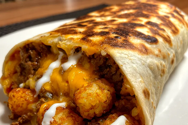 A skillet with Loaded Cheesy Potato Burritos sizzling to a golden brown, showcasing the cooking process.