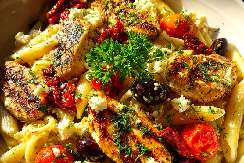 Fresh ingredients for Mediterranean Grilled Chicken Pasta