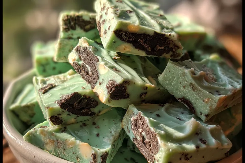 A step-by-step visual guide illustrating the process of making Mint Oreo Chocolate Bark.