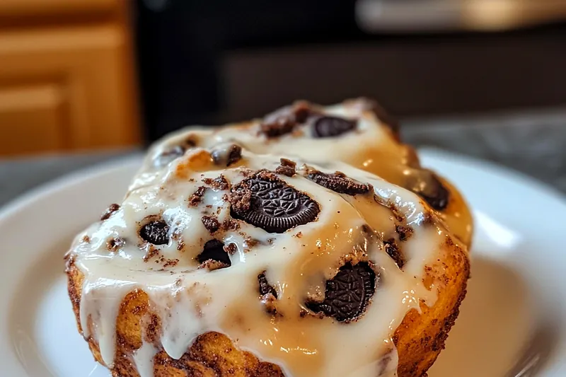 Chef Mitchell baking the Oreo Cinnamon Roll Delight in the oven, with golden-brown rolls rising beautifully.