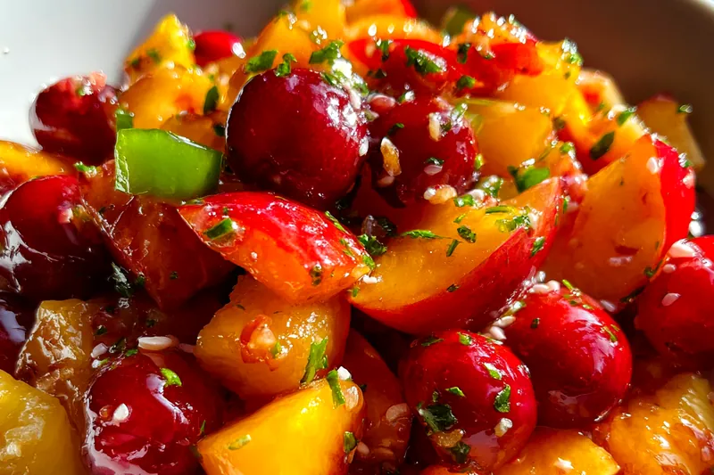 Fresh ingredients for Peach Cherry Salsa Delight