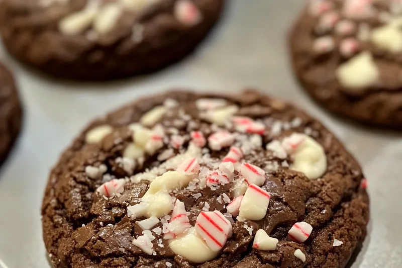An image showcasing the process of baking Festive Peppermint Bark Cookies, highlighting the dough and chocolate chunks.