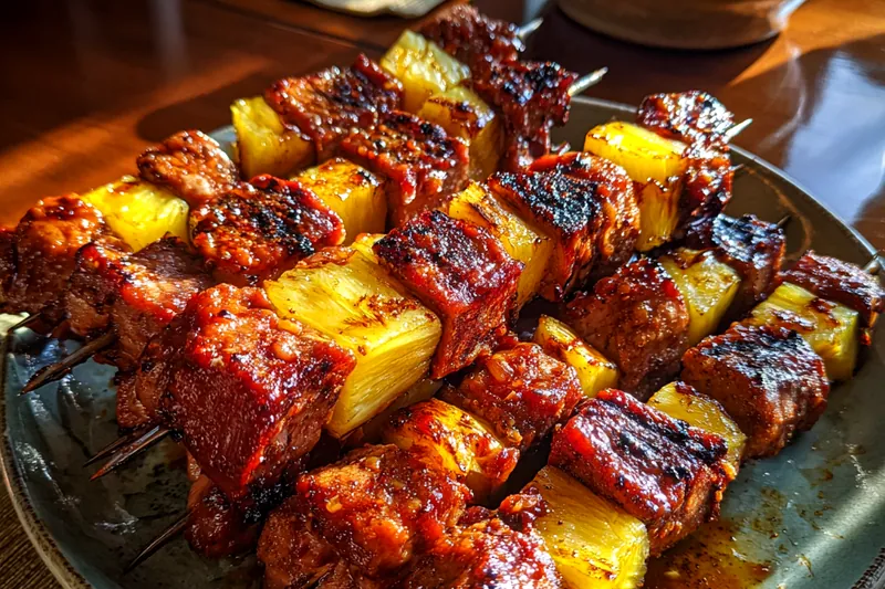 Grilling Sweet and Savory BBQ Skewers over an open flame, showcasing the caramelization on the chicken and vegetables.